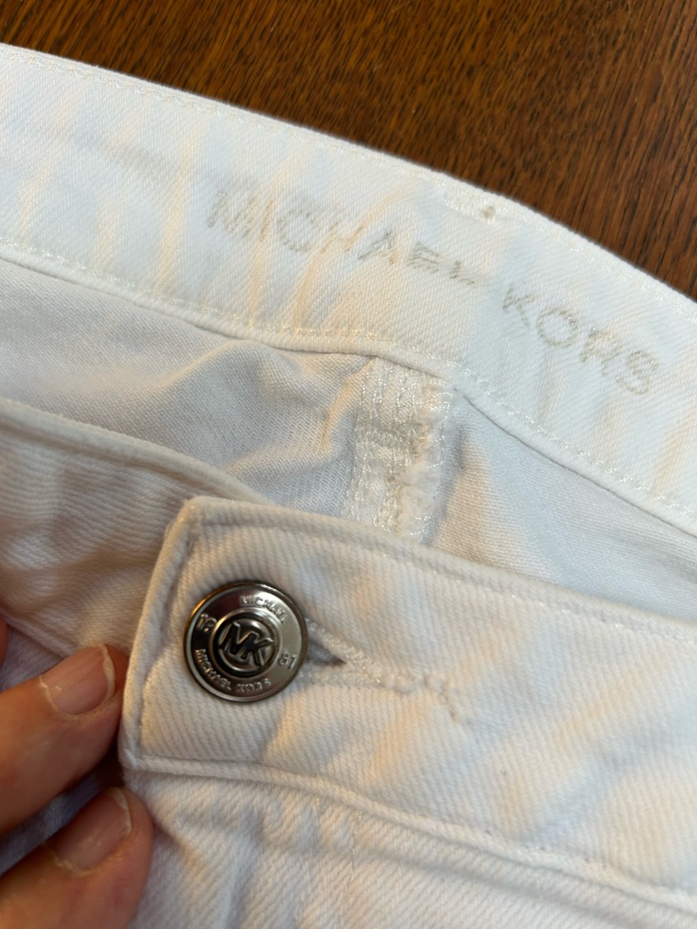 Michael Kors Soft White Denim Jeans w/Silver MK Button, hippocket silver logo 14